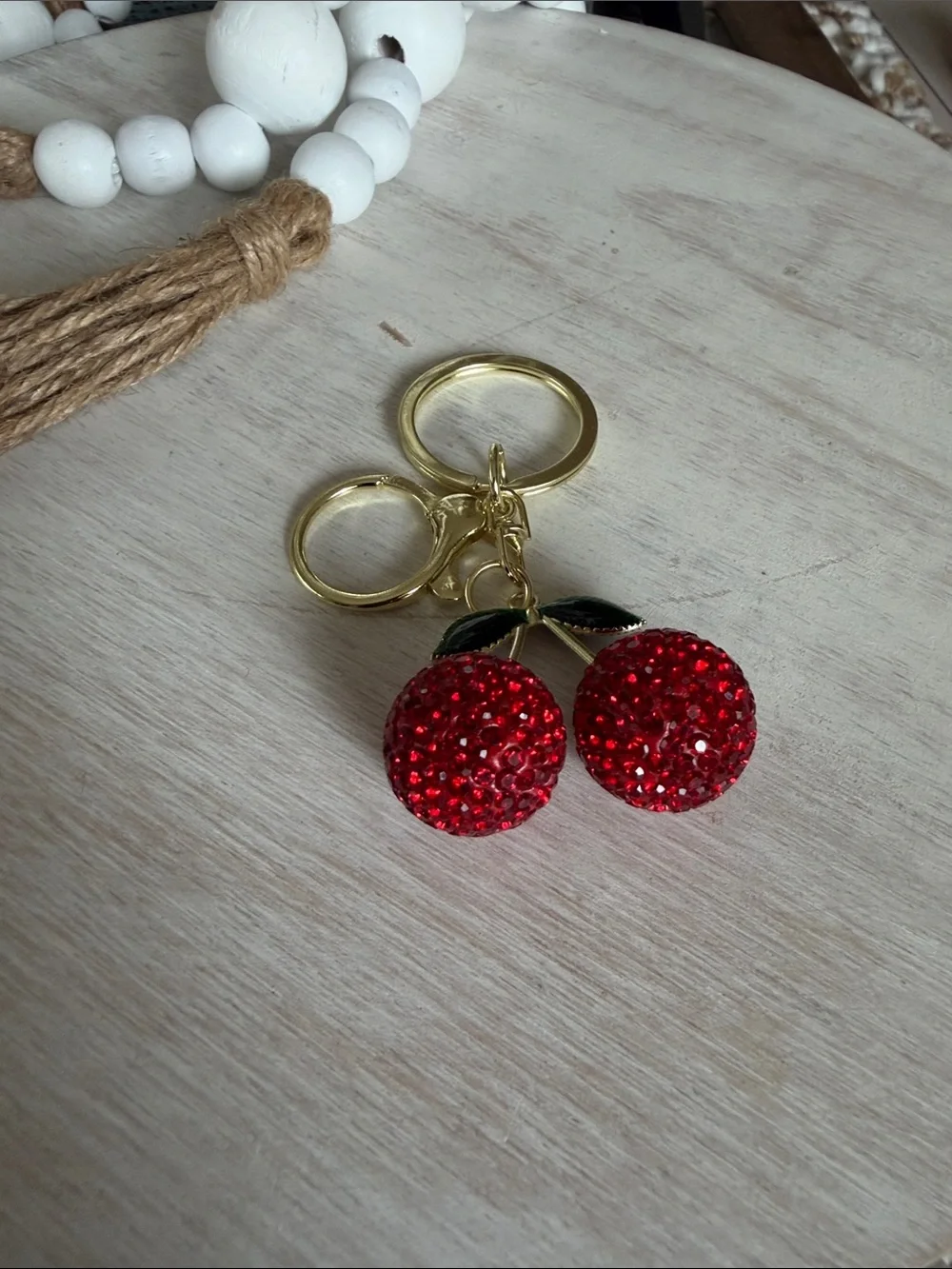 Gold Cherry Crystal Keychain - Red Cherry Charm